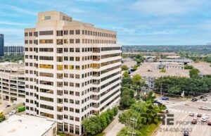 Aerial view of Churchill Tower in Dallas, TX